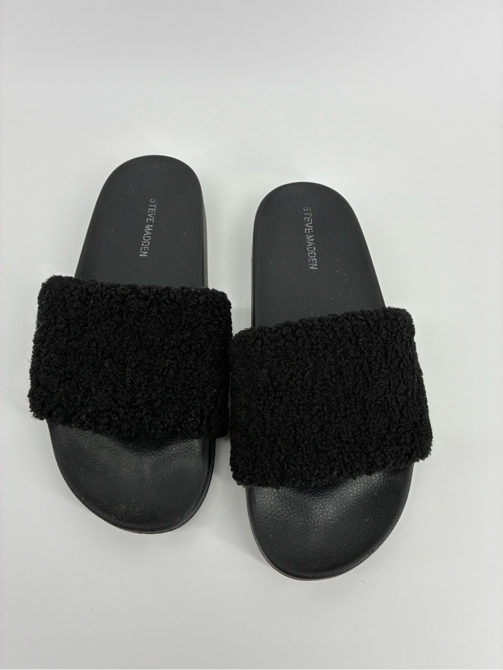 Steve Madden Black Fuzzy Slide Sandals